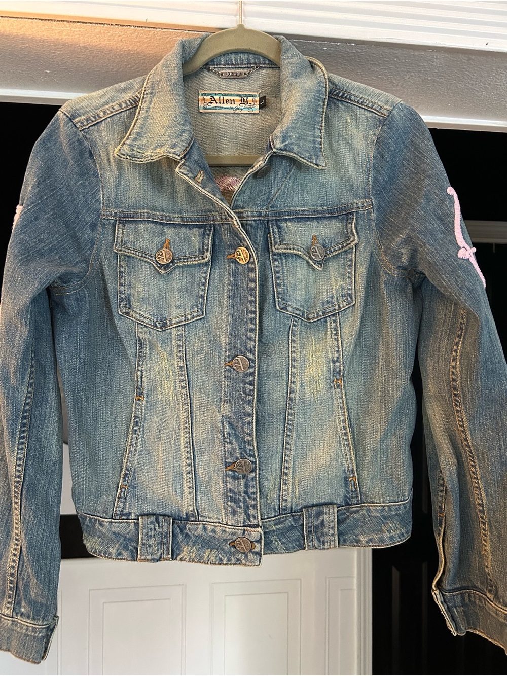 Y2K Allen B. By Allen Schwartz Distressed Blue Denim Jacket with Pink Embroidery